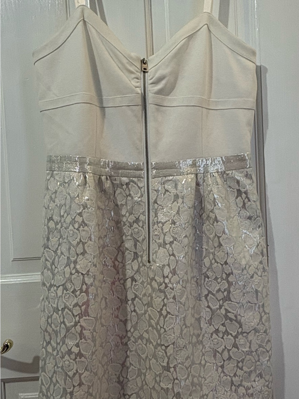 Marc New York Strapless White A-Line Dress with Silver Accents and front zipper